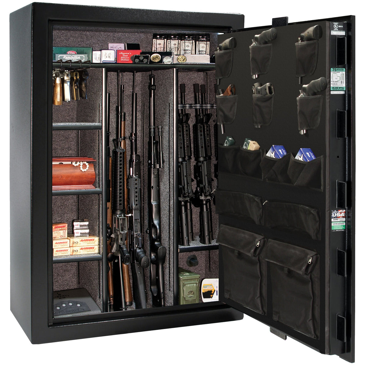 Colonial Series | Level 4 Security | 75 Minute Fire Protection | 35 | DIMENSIONS: 60.5"(H) X 42”(W) X 22"(D*) | Black Gloss | Mechanical Lock - open