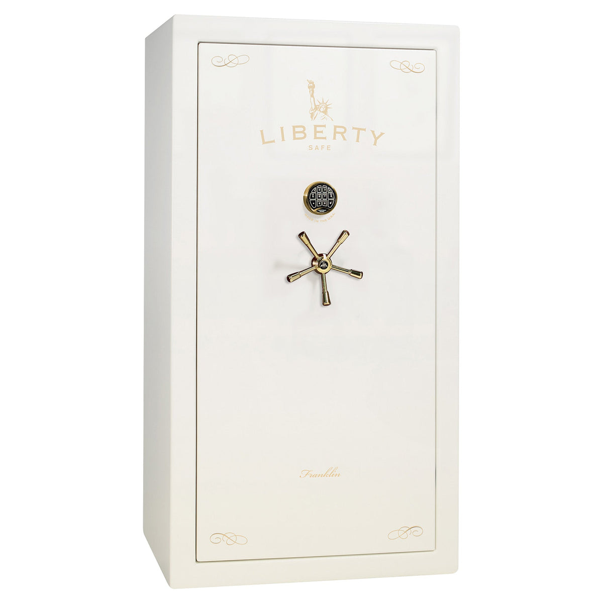 Franklin Series | Level 5 Security | 110 Minute Fire Protection | 29 | DIMENSIONS: 60.5&quot;(H) X 30&quot;(W) X 27.5&quot;(D*) | White Gloss Brass | Direct Drive Electronic Lock – Closed Door